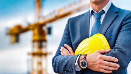 Professional businessman in suit holding yellow safety helmet at construction site. Corporate executive or architect with protective equipment for building development and infrastructure projects. - Powered by Adobe