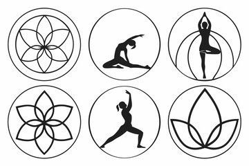 Yoga poses and lotus flower designs in black and white circles