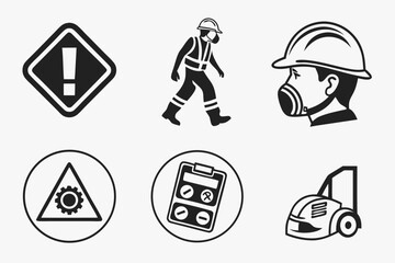 Safety icons featuring worker, helmet, warning sign, and machine