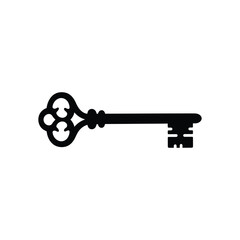 A black silhouette of an antique skeleton key with ornate details is isolated on white background