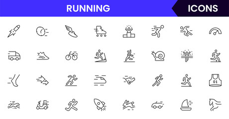 Running vector web line icon collection, sleek illustrations of shoes, tracks, fitness, speed for dynamic, active, athletic designs.