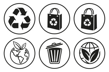 Black and white icons representing recycling and environmental themes