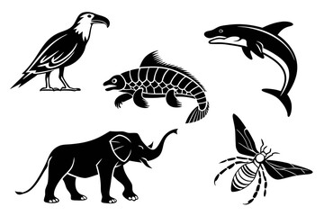 Black silhouettes of various animals including an eagle and elephant