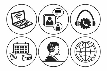 Black and white icons depict online communication and support services