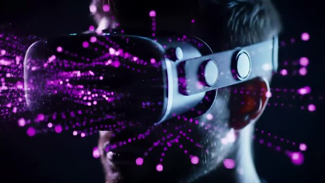 Person wearing vr headset experiencing immersive virtual reality with purple particle effects. Digital technology simulation, futuristic gaming, cyberspace exploration, metaverse innovation.
