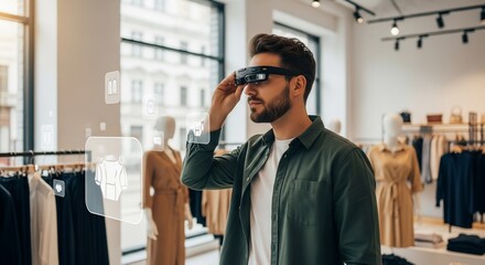 Man using augmented reality glasses to browse virtual clothing in a store