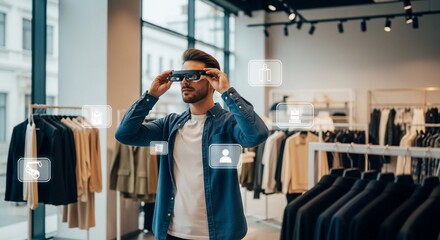 Man using augmented reality glasses in a clothing store, surrounded by virtual icons.