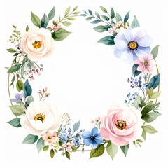 Pastel Watercolor Floral Wreath With Gold Frame