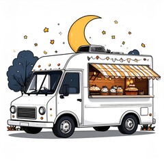 Pixel Art Food Truck At Night With Crescent Moon