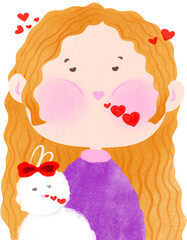 Cute Girl with Bunny Sending Love – Adorable Cartoon Illustration