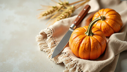 Orange pumpkins with knife on beige fabric and wheat background  