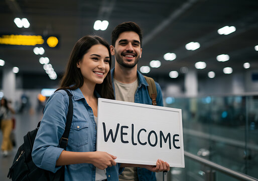 Una pareja joven sosteniendo una pancarta de bienvenida en el aeropuerto.