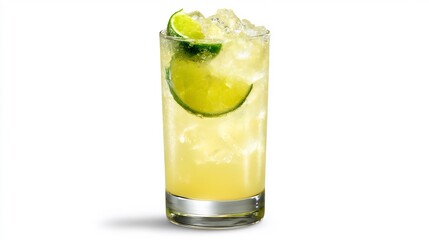 Pale yellow sweet lime juice with pulp and ice in a straight transparent glass isolated image with no shadows overlay cut out on isolated transparent removed background