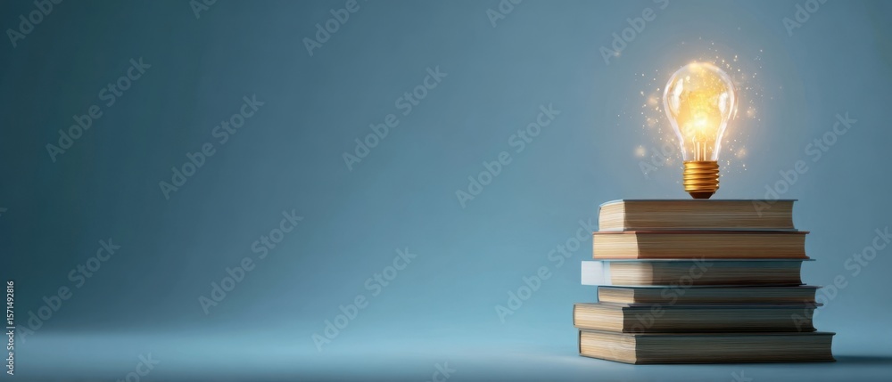 Poster the lightbulb on top of a stack of books representing ideas and knowledge