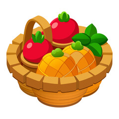 Woven basket filled with red tomatoes and yellow pineapples with green leaves food fruit