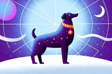 A cute purple and blue cartoon dog stands on snow under a moon and stars in a bright, stylized celestial illustration
