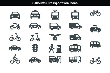 Silhouette Transportation Icons in Flat Minimal Vector Style