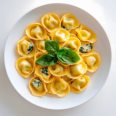 A top-down view of a white plate with delicious tortellini pasta, garnished with fresh basil leaves.