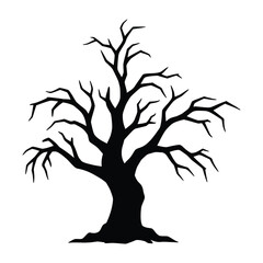 A stark silhouette of a bare tree with twisted branches is isolated on white background, creating a spooky atmosphere