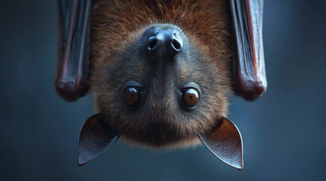 Close-Up Portrait of a Flying Fox Bat Hanging Upside Down
