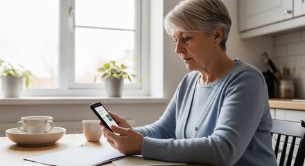 Mature woman using smartphone at kitchen table with coffee and documents