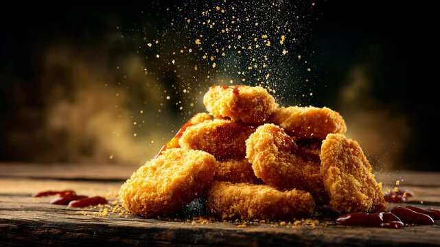 Crispy chicken nuggets with seasoning dramatically flying off, a delicious snack.
