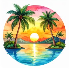 Circular Tropical Island Sunset With Palm Trees