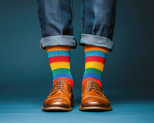 Colorful rainbow socks paired with polished brown leather shoes and rolled-up denim jeans against a dark background