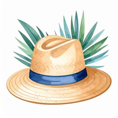 Straw Hat With Blue Ribbon And Tropical Leaves