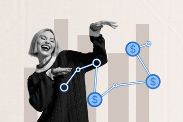 3d pop image zine art collage of happy businesswoman dance chart statistics progress dollar coin transaction capital success income