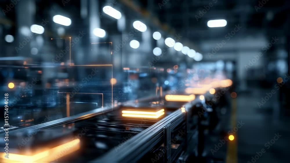 Poster high tech manufacturing facility with advanced robotics and automated systems. conveyor belts and ro