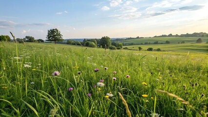 field of grass and flowers،field, grass, landscape, sky, meadow, green, nature, summer, agriculture, blue, wheat, farm, cloud, countryside, rural, spring, country, 
