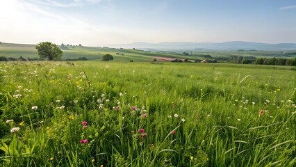 green field and blue sky،, sky, grass, landscape, green, meadow, agriculture, nature, summer, wheat, blue, spring, cloud, rural, farm, countryside, horizon, crop, 