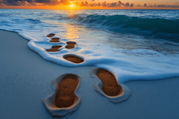 footprints in sand with waves of water overlapping summer background
