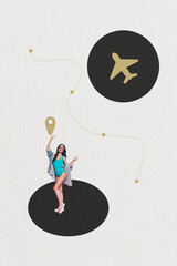 Poster 3d zine image vertical collage of happy girl guy stand summer vacation route aircraft...
