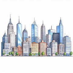 Colorful Illustration Of A City Skyline With Skyscrapers