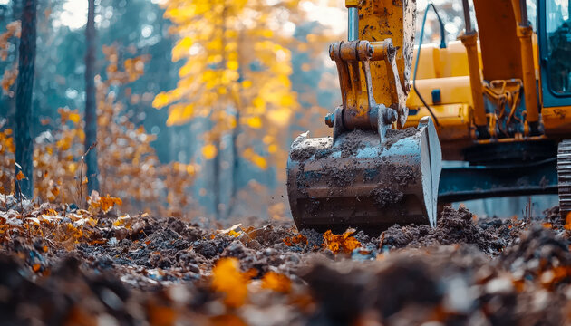 Forest excavation in autumn with heavy machinery clearing the ground