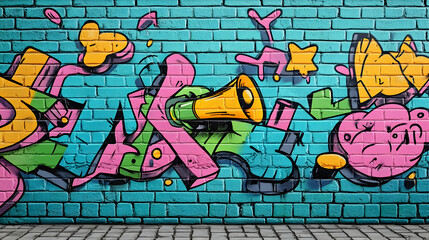 Colorful graffiti art on a teal brick wall.