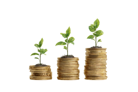 Plants growing from stacks of gold coins