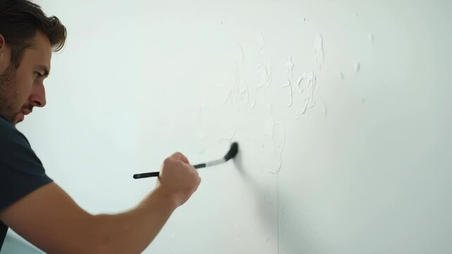 Male artist making the first decisive brushstroke on a large canvas, action shot, starting a painting.

