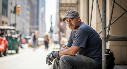 Pensive Construction Worker Resting on Scaffolding in City
