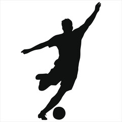A dynamic silhouette of a soccer player kicking the ball with power and precision against a neutral background