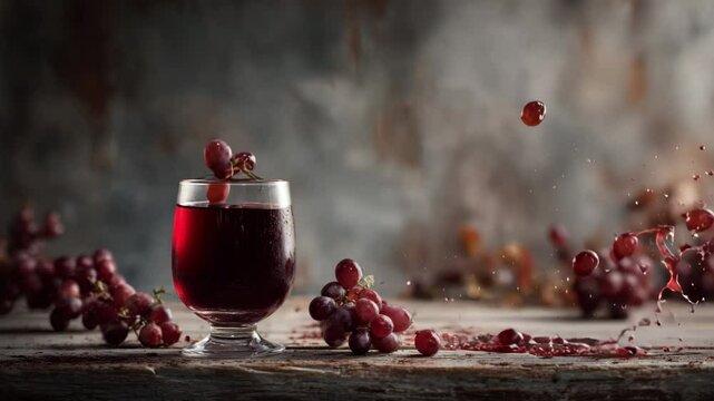 Rich red wine or juice with grapes dramatically splashing in.
