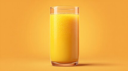 Realistic mango juice in a tall glass with pulp texture vibrant yellow orange color isolated on plain background hyper realistic rendering with no shadows 
