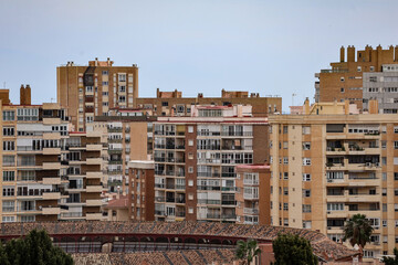 Malaga Spain April 6th 2025 Aerial Panoramic city view Blue sky with white clouds , sea in the...