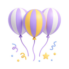 3D colorful striped balloons with confetti decoration isolated on transparent background