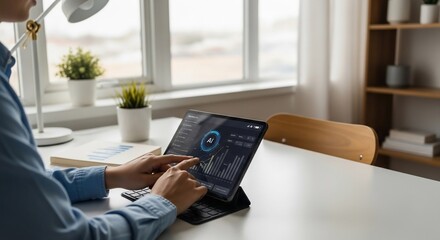 Person Interacting with AI Data on Tablet in Home Office