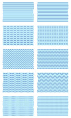 Set of blue washi tapes with patterns isolated on white. Tapes collection in vector. Pieces of decorative tape for scrapbooks. Torn paper. Lines, dots, waves