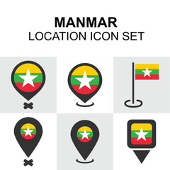 Bold and colorful pins featuring the flag of Myanmar for Southeast Asian projects.