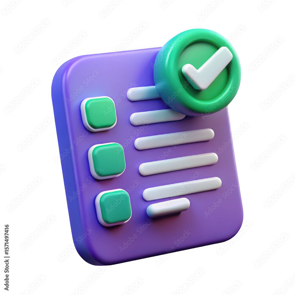 Poster 3d checklist icon with green check mark isolated on transparent background